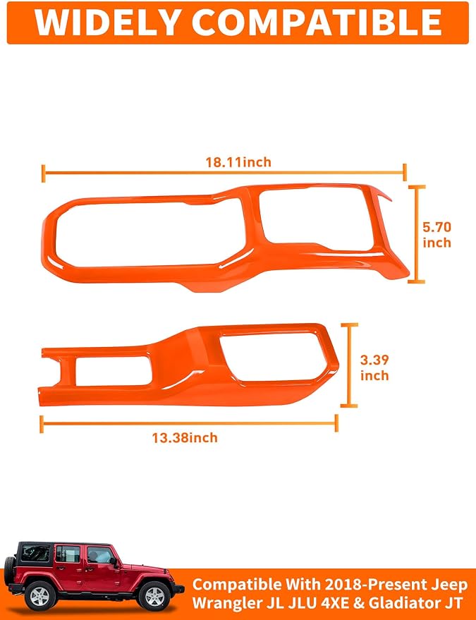 Savadicar Orange Interior Accessories - Gear Shift Panel Trim Set for 2018-Present Jeep Wrangler JL JLU 4XE & Gladiator JT - Solid Color Interior Decor Upgrade Option, 2-Piece