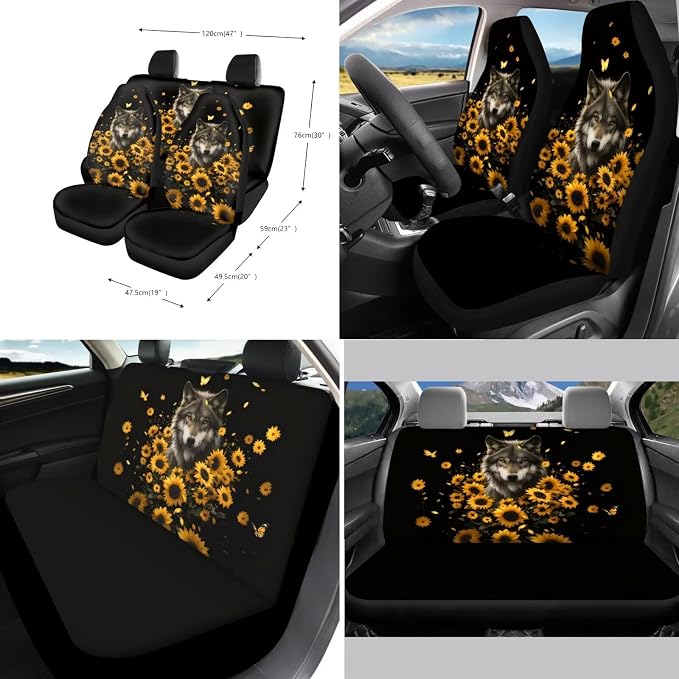 Xoenoiee Wolf Sunflower Black Pattern Car Seat Covers and Accessories, Front Rear Seat Covers, Steering Wheel Cover, Seat Belt Pads, Coasters, Keychains for Car SUV Decor, 11 PCS Set