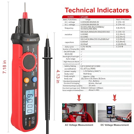 UNI-T UT118C Digital Multimeter Pen Type 6000 Counts Professional Meter Non-Contact Auto AC/DC Voltage Ohm Diode Tester for Tool