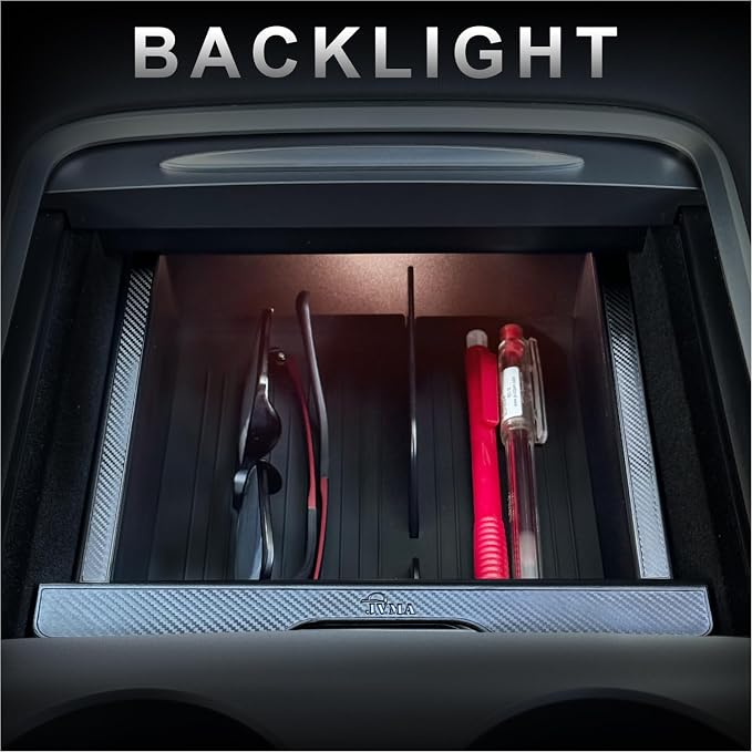 JVMA Backlight Center Console Organizer Tray Slide Transparent PC Upgrade | for Tesla Model Y 2021-2024 and Tesla Model 3 2021 2022 2023 Accessories 3 Carbon Edition
