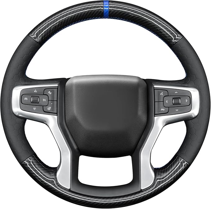MEWANT Steering Wheel Cover for Chevy Silverado 1500 2019-2024/2500 3500 2020-2024/Blazer 2019-2024/Suburban Tahoe 2021-2024 Carbon Fiber Hand-Stitched Steering Wheel Wrap