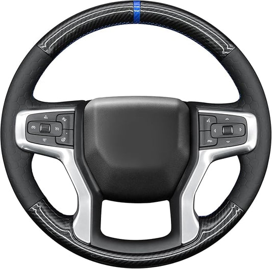 MEWANT Steering Wheel Cover for Chevy Silverado 1500 2019-2024/2500 3500 2020-2024/Blazer 2019-2024/Suburban Tahoe 2021-2024 Carbon Fiber Hand-Stitched Steering Wheel Wrap