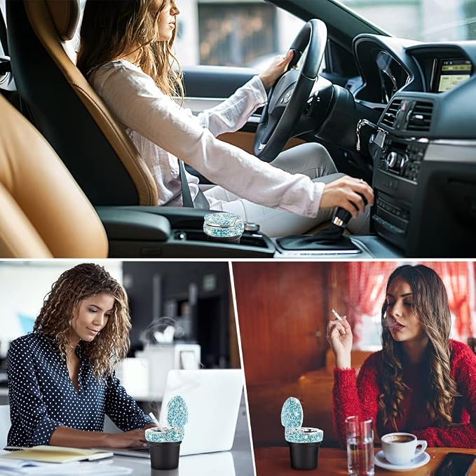 eing Car Ashtray Portable Bling Cigarette Smokeless Cylinder Cup Holder with Blue LED Light Indicator and 2 Replacement Batteries,Car Accessories for Women,Ideal for Car,Home and Office,1-Pack Blue