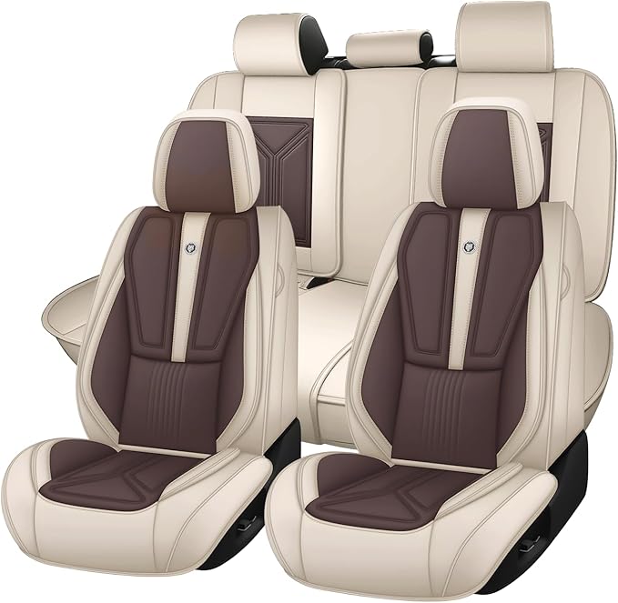Arazi Fit for 90% of Mercedes-Benz Seat Covers, 360° Full Wrap Original Seat Cover, Waterproof Nappa Leather Seat Covers with Big Space Storage Pocket Seat Protector（5 Seats Standard, Beige&Brown）