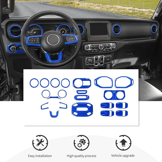 21PCS Blue Interior Trim Kits Fit for 2018-2023 Jeep Wrangler JL JLU & Gladiator JT 4Door Interior Decor Accessories Dashboard AC Headlight Switch Roof Speaker Inner Door Bowl Steering Button Frame