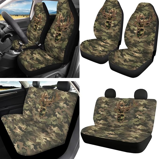 Howilath Camo Deer Print Car Seat Cushion Cover with Steering Wheel Protector/Seat Belt Cushion/Keychains/Cup Coasters Universal Fit Interior Accessories Fit Most Vehicle - 13 Piece