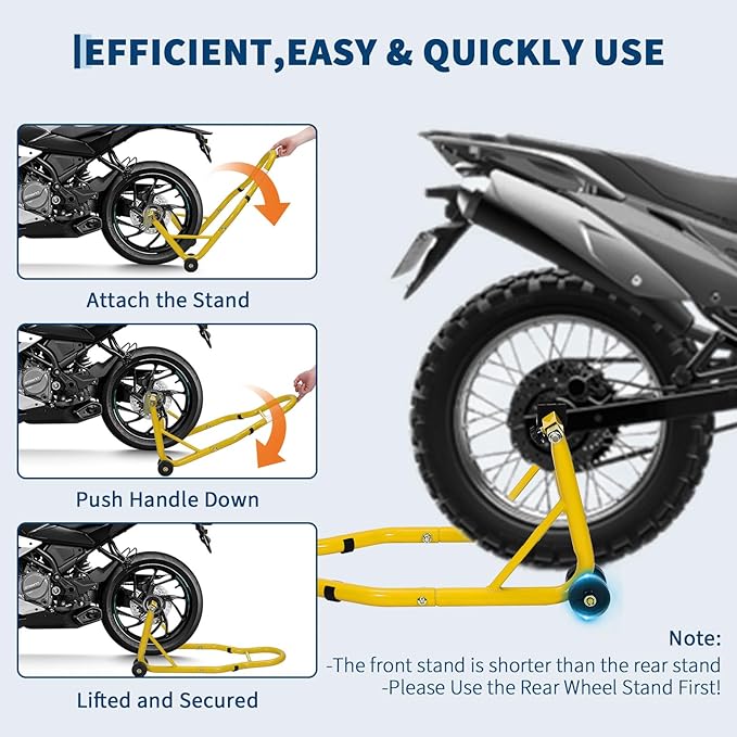 Garvee Motorcycle Stands Front and Rear, 900 LB Heavy Duty Front & Rear Wheel Lift Combo with Prong Adapters+L Adjustable Swingarm Spool, Universal Paddock Stands for Most Motorcycles, Yellow