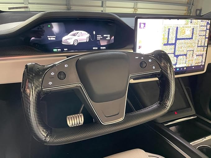 MEWANT Hand Stitch Black Genuine Leather Shiny PU Carbon Fiber Steering Wheel Cover Wrap for Tesla Model S Yoke Model X