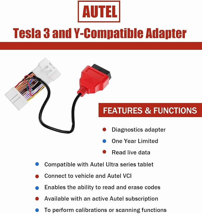 Autel TESKIT3Y Tesla 3 and Y Model Vehicles Compatible Diagnostic Cable Adapter Compatible with Autel Ultra MS919 MS909 Elite II Ultra Enables to Read and Erase Codes 26Pin OBD1 to 16 Pin OBD2