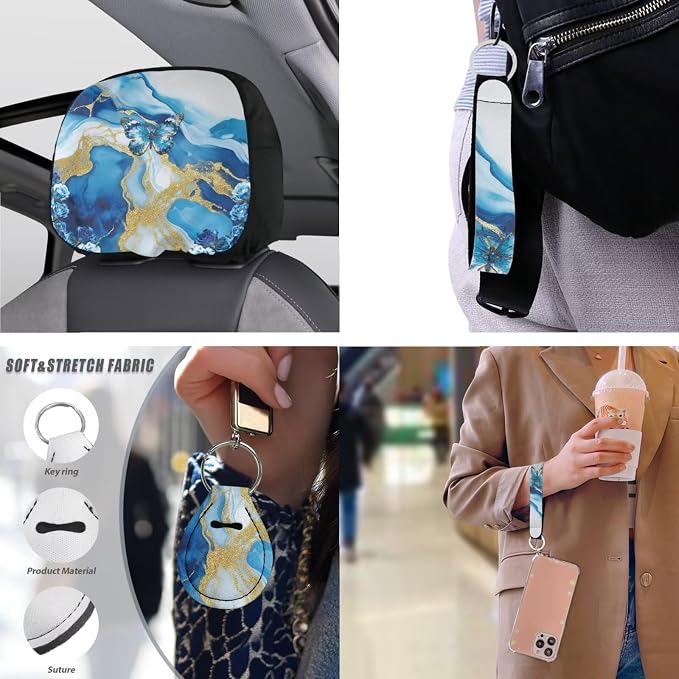 Blue Fluid 13 PCS Car Seat Covers Blue Butterfly Gild Fluid Full Set Car Front Back Seat Cover Art Aesthetics Gradient Steering Wheel Cover Fit Auto SUV Trucks
