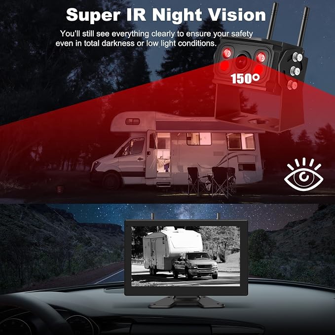 10" Wireless Backup Camera System for RV/Truck/Trailer, 4-Channel IPS Touch Screen Monitor, Dual HD 1080P IP69K Waterproof Cameras, IR Night Vision, Easy Installation for Camper & Trailer