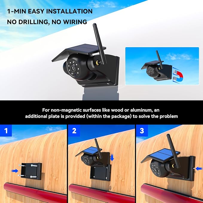 Magnetic Solar Wireless Backup Camera, 10000mAh Rechargeable Battery Powered Reversing Camera, 1-Min Easy Installation, App Control, for Trailer, RV, Truck, SUV, Van