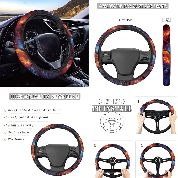 Flame Wolf Car Seat Covers Full Set, Car Steering Wheel Cover, Auto Center Console Pad, Auto Seat Belt Pads, Cool Automotive Interior Accessories Set of 8