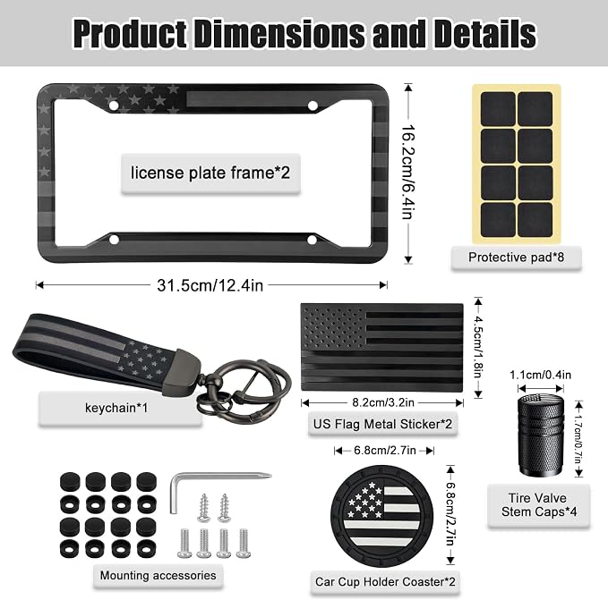 American Flag License Plate Frames Holder - 2 Pack Stainless Steel Rustproof USA Patriotic Car Tag Cover Holder with Free Screws Accessories + Metal Stickers & Keychain & Cup Holder Mats, Black Gray