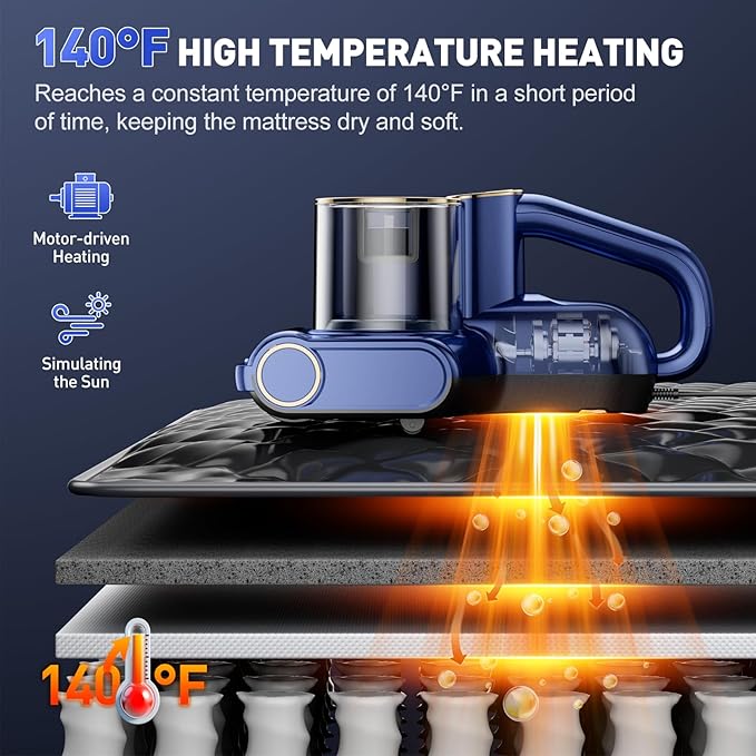 CFBF Mattress Vacuum Cleaner, Bed Vacuum Cleaner with 16Kpa Suction 253.7nm UV-C Light, Ultrasonic & High Heating, 500W Powerful Double-Cup Handheld Vacuums for Bed, Sofa, Couch, Crib, 16.4FT Corded