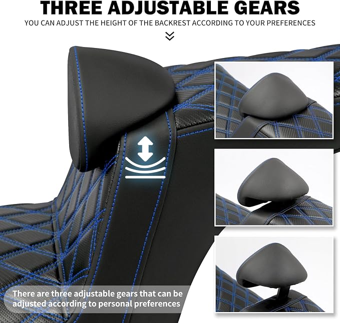 Motorcycle Seat Driver Passenger Seat with Backrests for Harley Low Rider Low Rider S ST 2018-up (Black with blue stitching)