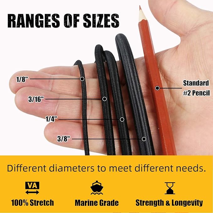 Marine Grade Bungee Cords Heavy Duty Outdoor - Bungee Cord Roll - 100% Stretch Elastic Cord and Absorbent Bungee Shock Cord for Kayak Deck, Camping, Crafting (3/8" x 100ft)
