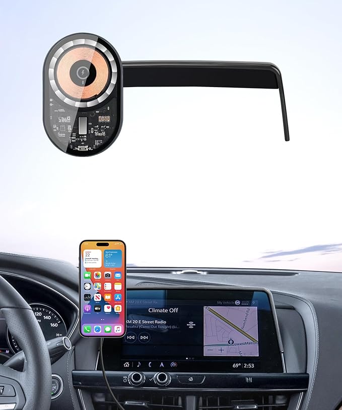 Wireless Charging Car Phone Holder for Cadillac CT5 2020-2024 / CT5-V 2023-2024, 10" Screen Fixed Clip, 360° Rotation Car Phone Mount Compatible with MagSafe