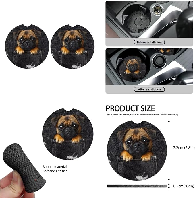 Cute Pug Dog Pattern Car Seat Cover Full Set 13 Pcs Cartoon Puppy Print Front/Rear Split Bench Protection Universal Fit for Auto Truck Van SUV