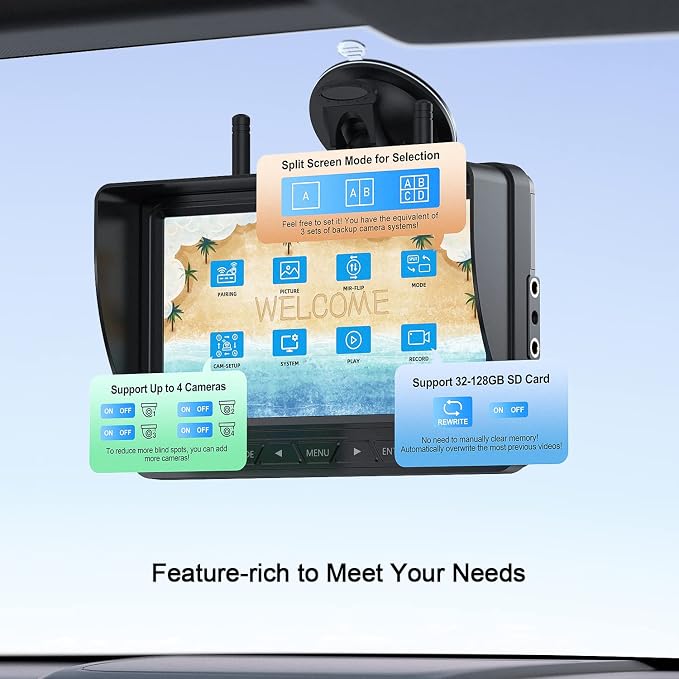 Fookoo HD 4 Cameras Wireless RV Backup System, 7" Split-Screen Monitor, 2 Rear View + 2 Side Cameras, IR Night Vision Recording Waterproof Compatible with Furrion Pre-Wired RV Truck Trailer - DW7Y504