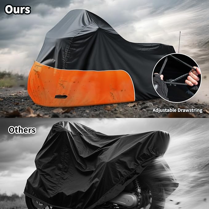 Motorcycle Cover Fits for Harley Davidson Road King Road Glide Electra Glide Low Rider-ST HD Goldwing, All Weather Waterproof Cruiser Motorcycle Cover, Black&Orange