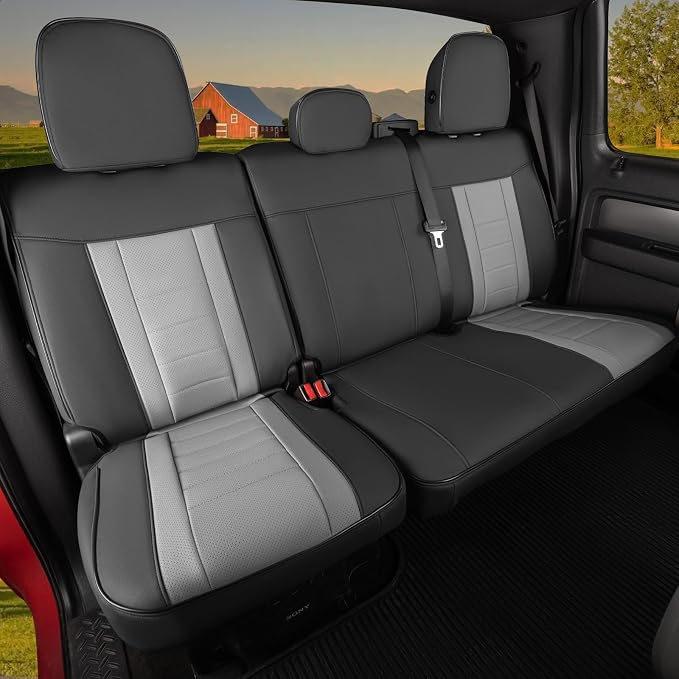 HKZ F150 Seat Covers for Ford F150 2012 2013 2014 Crew Cab 4-Door, Custom Fit Leather Full Set (Black+Grey) – Front & Rear Seat Protector, Waterproof, Durable Interior Accessories