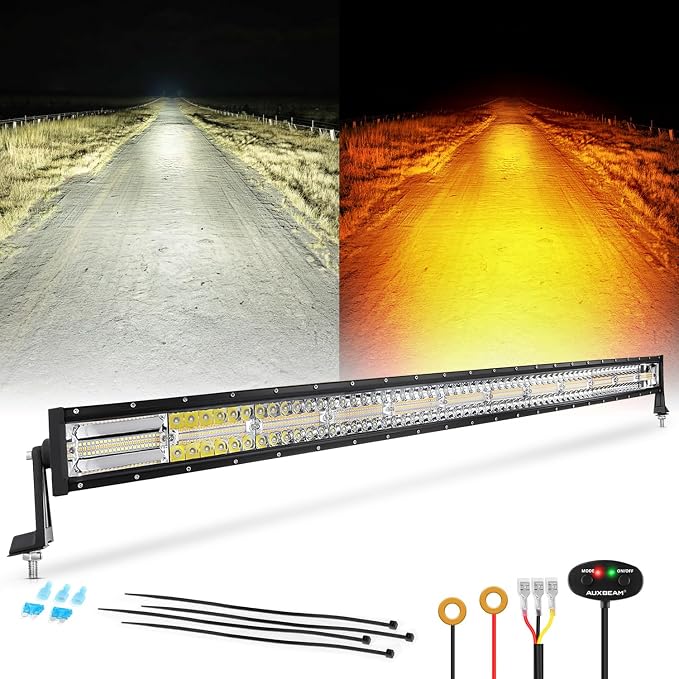 Auxbeam 6 Modes Amber White Series 50 Inch Curved LED Light Bar | 2-color option, 288W high power, Multi-funtion, Spot flood combo, Driving fog light, offroad strobe light, for Jeep trucks