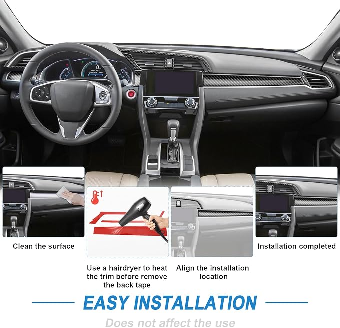 10PCS Real Carbon Fiber Interior Trim Kit Compatible with 2016-2021 10th Gen Honda Civic – Center Console Dashboard, Gear Panel, AC Air Vent, Interior Decor Sticker Accessories