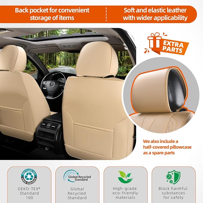 5-Seater Car Seat Covers Full Set Waterproof and Breathable Nappa Leather, Fit for Front and Rear Seats of Cars, Compatible with Airbags, Car Seat Protector Covers for Most Cars - Beige