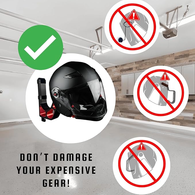 Wall Mounted Helmet Holder – Heavy Duty Motorcycle Helmet Hanger Rack for Garage Storage | Helmet Wall Mount for Motorcycle, Bicycle, Football & VR Headset | 3D Printed PETG Helmet Hook – Red
