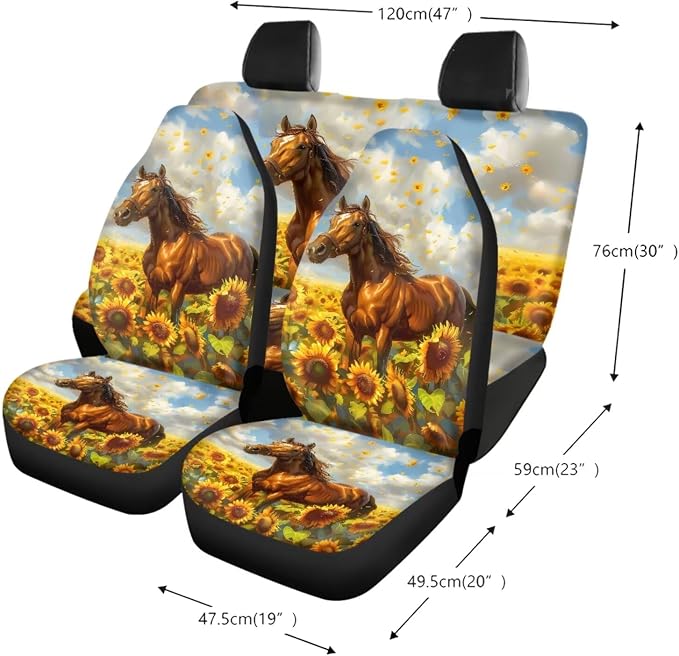 Horse Sunflower Pattern 13 Pieces Car Accessories, Front and Rear Seat Covers Full Set + Soft Steering Wheel Cover + Safe Belt Covers + Coasters with Notch Wear Resisting Interior Covers