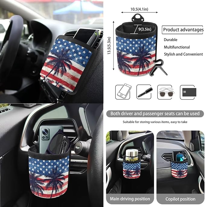 Wanyint Car Seat Cover Covers with Steering Wheel Seat Belt Strap Pad Trash Bag Phone Holder Rearview Mirror Accessories Cup Holder Key Chain Patriotic Auto Decor, 15 Pack, Hawaiian Palm Tree US Flag
