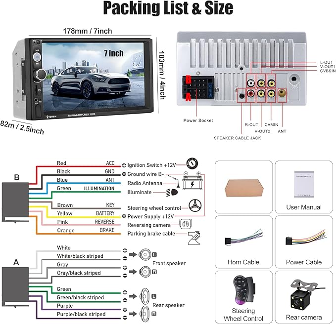 CAMECHO 7" Double Din Car Stereo Audio Bluetooth MP5 Player USB FM Multimedia Radio+ 4 LED Mini Backup Camera with Steering Wheel Remote Support Mobile Phone Synchronization (Used in Android/iOS)