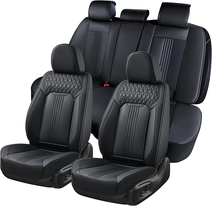 Coverado Seat Covers Full Set, Leather Car Seat Cover, Waterproof Car Seat Protector, Automotive Seat Covers Car Seat Cushion Universal Fit for Most Cars, Black