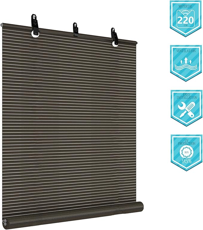 Coarbor Outdoor Roll up Shades Blinds for Pergola Porch Balcony Deck Roller Shade Screen 7'W x 14'L Hollow Out Brown