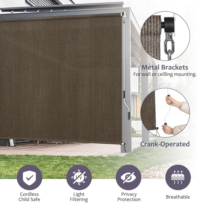 KELIXU Patio Shades Roll Up Outdoor Blind, 4' W x 6' H Cordless Sun Shade Privacy Screen with 90% UV Protection Exterior Roller Shade Cloth for Porch Pergola Backyard Windows Balcony, Mocha
