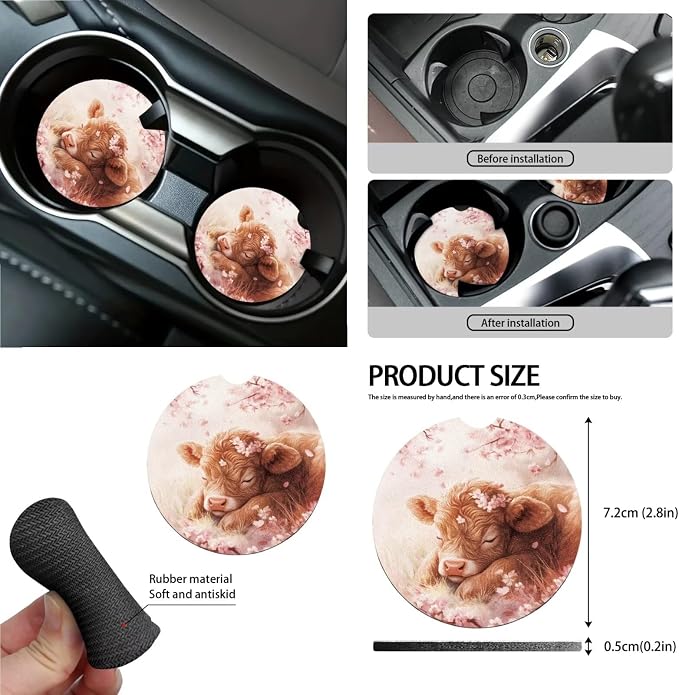 Highland Cattle Cherry Blossom Pattern Car Accessories Set of 15, Full Set Seat Covers Steering Wheel Cover Seat Belt Cushion Car Trash Can Air Vent Storage Bag Cup Coasters