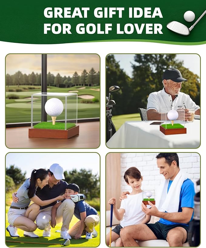 Fitense Golf Ball Display Case - Clear Acrylic Cube with Solid Wood Base & Tee, Anti-Dust Transparent Holder for Single Golf Ball, Ideal for Collectibles, Souvenirs & Gifts, Display Special Golf Balls