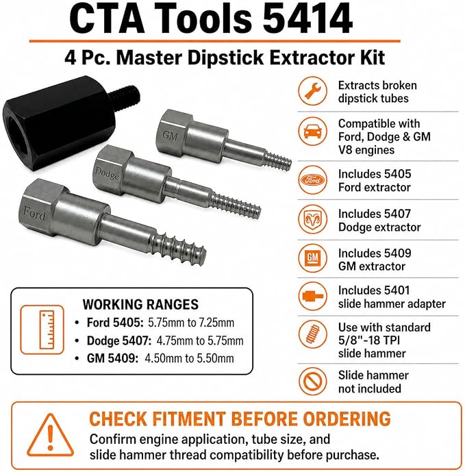 CTA Tools 5414 4-Piece Master Dipstick Tube Extractor Kit, Compatible with Ford, Dodge and GM V8 Engines
