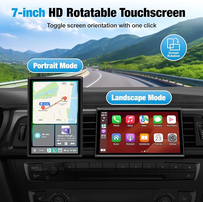 7 inch Carplay Screen for Car - Supports Wireless Apple Carplay & Android Auto, Portable Touchscreen with Bluetooth, Navigation, Voice Control, Mirror Link,Universal for All Cars (Black)