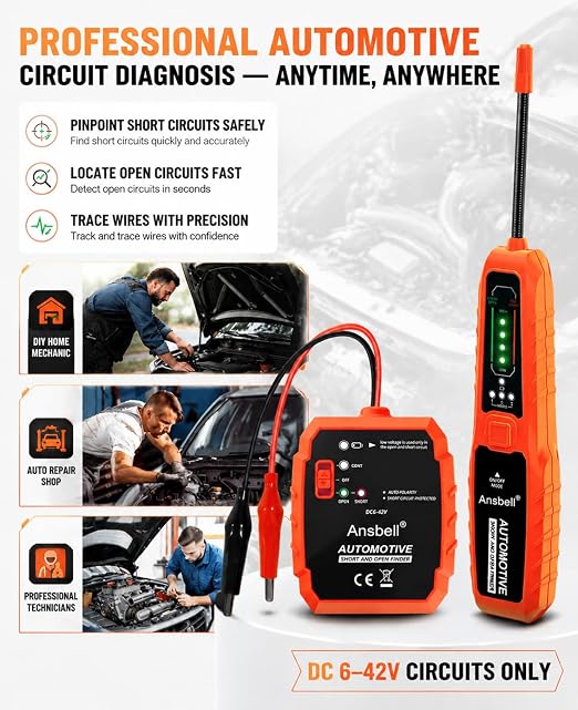 Automotive Circuit Tracer & Short Open Finder, DC 6-42V Professional Electrical Wire Tracer with Tone Generator, Diagnostic Tool for Cars, Trucks, DIY Repair