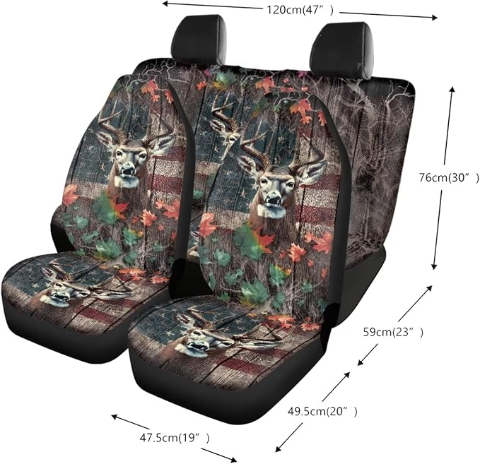 Deer Wood American Flag Maple Leaf Print Car Seat Covers Full Set, 13 Pieces Car Accessories Set, Universal Fit Steering Wheel Cover Safe Belts Cover Waterproof Coasters for Trucks SUV Van