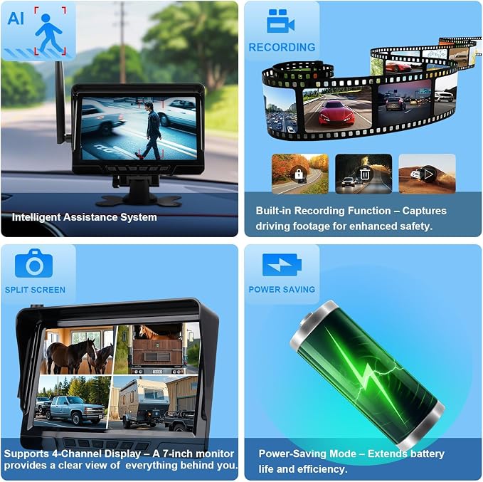 Magnetic Solar Wireless Backup Camera 7" HD 1080P Recording Monitor, Alarm Function, Night Vision, Vehicle Back up Cameras for Car RV Truck Trailer Camper SUV