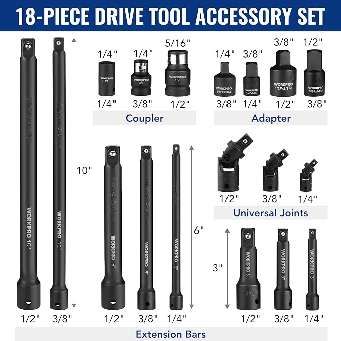WORKPRO 18-Piece Impact Socket Extension Set & WORKPRO 16-inch Dual Drive Breaker Bar, 3/8" & 1/2" Drive