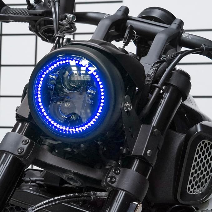 5.75inch 5-3/4 Black Motorcycle Headlight Smoked Blue Halo DRL with Matte Black Housing Bucket 32-40mm Fork Tube Side Mount Brackets Compatible with Motorbikes