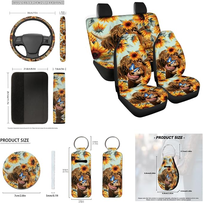 INSTANTARTS Sunflower Highland Cow Car Seat Cover Set 13PCS Car Accessories Front and Rear Seat Cover, Steering Wheel Cover, Seat Belt Cover, Coaster, Keychain, Lipstick Cover Blue Butterfly