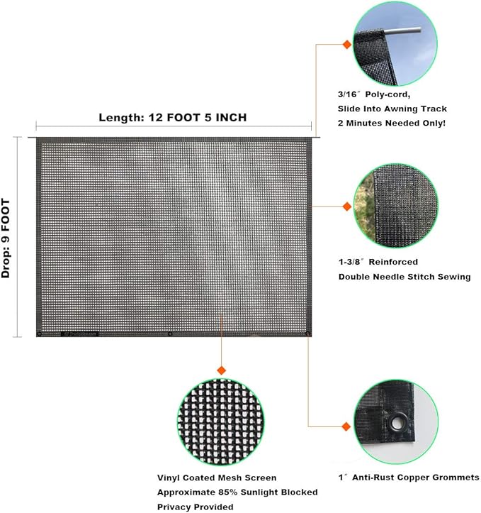 Shadeidea RV Sun Shade Screen for RV Awning - 9' X 12' 5'' (fit for 13' Awning) Black Mesh Sunshade Motorhome Camping Trailer UV Sunblocker Canopy Sunscreen - 3 Year Warranty