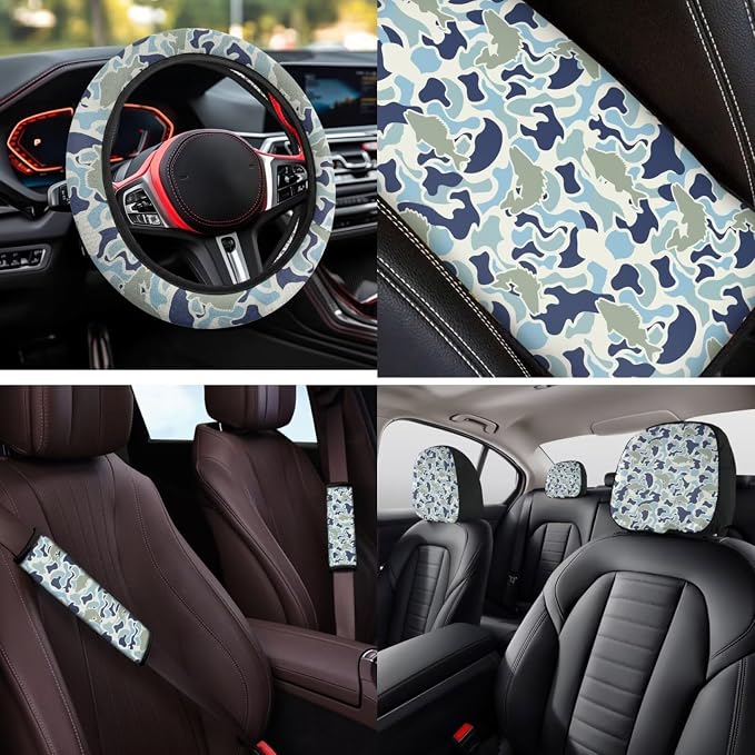 Bulopur Fish Camo Vehicle Seat Covers Front and Back with Auto 15 Inch Steering Wheel Cover Decorative Armrest Cover Comfortable Vehicle Seat Belt Covers 14 PCS Car Interior Accessories Set