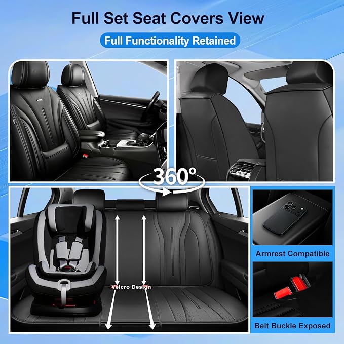 Fit CTS Car Seat Covers for Select Cadillac CTS 2003-2019, Premium Full Coverage Leather, Airbag Compatible & Scratch-Resistant, Waterproof All Weather Seat Cushion Protector, Full Set, Black
