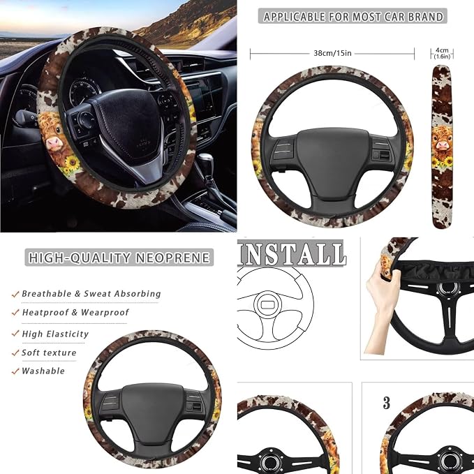 Sunflower Printed Car Seat Cover Full Set with Steering Whell Cover Seatbelt Cover Highland Cow Print Auto Seat Protector Universal Auto Interior Accessories, Brown